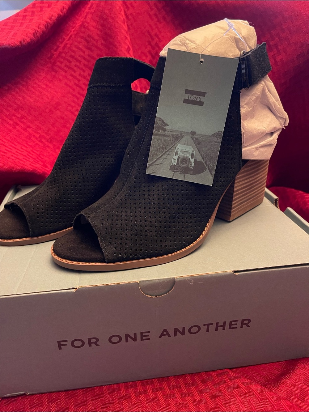 Toms - Grenada Black Perforated Peep-Toe Block Heel Sandals